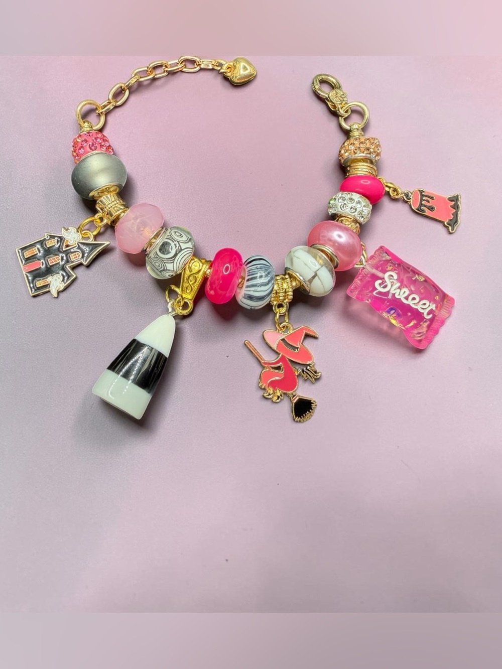 Handmade Halloween Charm Bracelet “Ghoul Friend”Line in Pink White Black